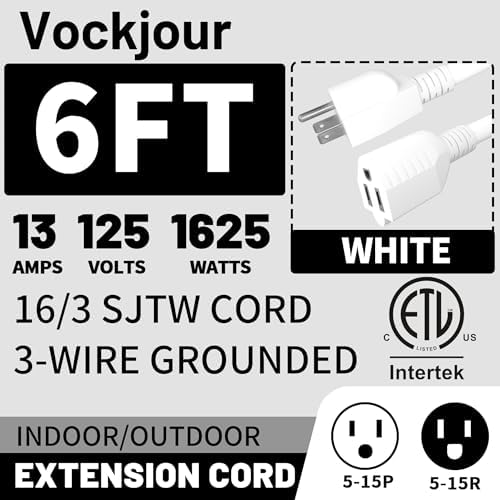 Vockjour 16/3 White Indoor Outdoor Extension Cord 6 Ft Waterproof - Image 2