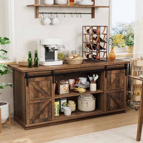Shahoo Farmhouse Sideboard Buffet Cabinet, Coffee Bar Storage with Sliding Barn Doors, Shelf for Home Dining Room, Barnwood by BuynowfromShahoo