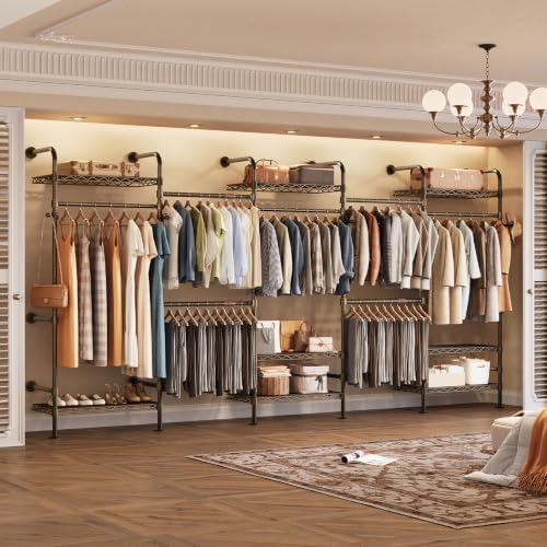 Closet Organizers Wall Mounted Closet System, 5-Row Heavy Duty Garment Clothes Rack, Industrial Pipe Clothing Rack with 4 Telescopic Rods, 3 Fixed Rods, 6 Hooks & 8 Shelves for Bedroom, Black and Gold by Seedsec