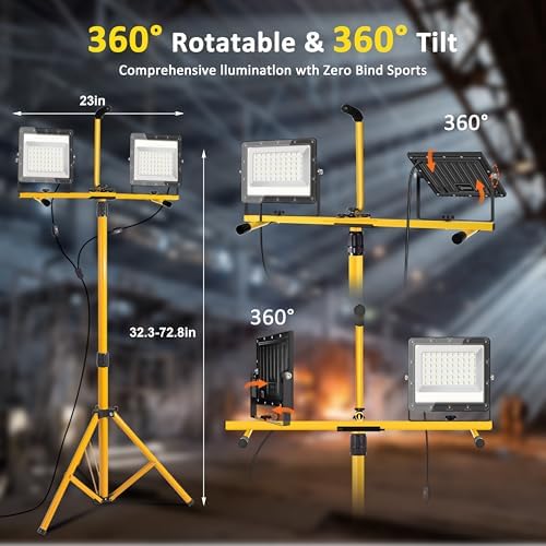 Work Lights with Stand 21000 Lumen, 2 Adjustable Heads Work Lights on Stand, with Adjustable and Foldable Tripod Light Stand for Outdoor Indoor Workshop Garage Construction Site Lighting - Image 5