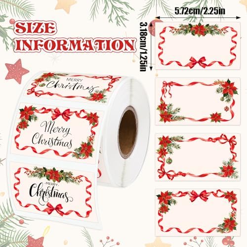 Whaline Christmas Floral Direct Thermal Labels Stickers Red Bow Poinsettia Flower Rectangle Self-Adhesive Printer Decals for Xmas DIY Candle Name Tag Logo Design, 500 Pcs - Image 2