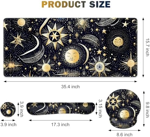 Gaming Mouse Pad, Large Desk Mat, Cute Desk Pad Protector, 4in1 XXL Mousepad + Keyboard Wrist Rest+Mouse Wrist Rest+Coaster Set with Ergonomic Desk Pad for Home Office PC Computer, Stars and Moon - Image 4