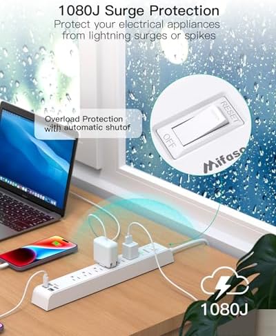 2 Pack Power Strip, 12FT Extension Cord, Surge Protector with 6 Outlets and 4 USB Ports (2 USB C), Extension Cord with Multiple Outlets, Flat Plug Overload Protection, Wall Mount for Home Dorm College - Image 5