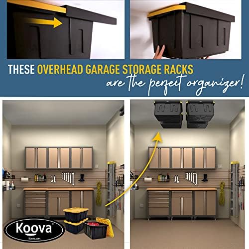 Koova Heavy-Duty Overhead Garage Storage Rack for 4 Bins. Adjustable Width, 160lb Capacity. DIY Safe Ceiling Mount, Easy Install. Fits 27-Gallon Totes. USA Made Pro-Grade Steel. Space Saving Organizer - Image 5