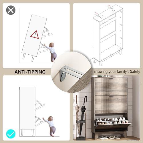 Shoe Cabinet Storage for Entryway with 3 Flip Drawers, Fluted Narrow Shoe Organizer with Wooden Legs, Freestanding Slim Shoe Storage Hidden Shoe Rack Organizer for Front Door Entrance, Hallway, Grey - Image 6