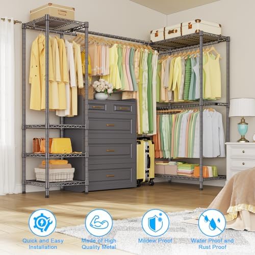 ULIFHOME E10L L-Shaped Clothes Rack for Corner（With Expandable Hanger Rod）Heavy Duty Freestanding Clothing Racks for Hanging Clothes，Portable Garment Rack 58-82"W x 30"D x 72"H，Max Load 900LBS，Grey - Image 5