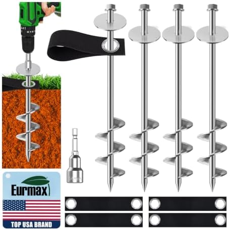 Eurmax USA 4 Pack Universal Ground Anchors High Wind, Heavy Duty Screw-in Trampoline Stakes with 4 Straps, Upgraded Commercial Anchor Kit for Outdoor Sheds, Swing Sets & Mobile Homes (Silver) by Eurmax