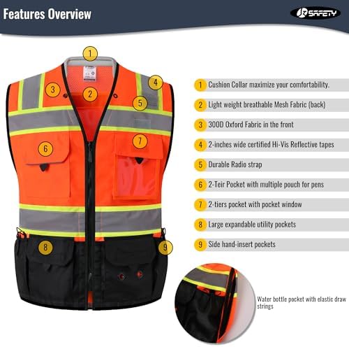 JKSafety Hi-Vis Unisex Surveyor Safety Vest Heavy Duty PPE Inner Pockets ANSI/ISEA Compliant - Image 6
