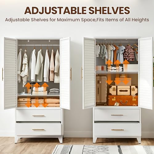 Metal Armoire Wardrobe Closet, 71" Clothing Storage Cabinets with Adjustable Hanging Rod and Shelves , Louvered Doors, 2 Side Hooks & 2 Drawers - Closet Cabinet for Bedroom, Laundry Room, Cloak Room - Image 3