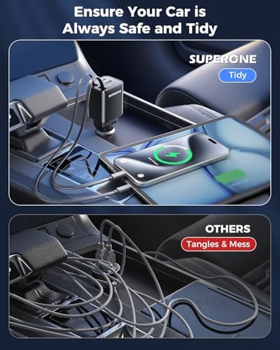 SUPERONE Compact Retractable Car Charger with Dual Type C Cables, Black/69W - Image 6
