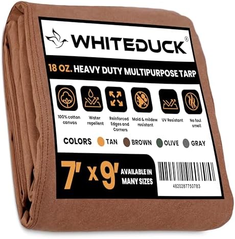 WHITEDUCK Canvas Tarp 18 oz. Heavy Duty Water Repellent UV Resistant, Rustproof Grommets, Industrial & Commercial Use Cloth Tarp (Cut Size: 7'x9', Finished Size: 6'6" x8'6", Brown) by WHITEDUCK