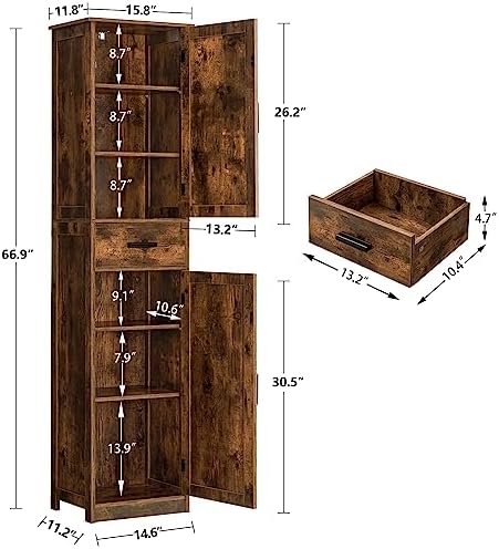 TEENFON Tall Bathroom Cabinet, Storage Cabinet with 6 Shelves & Drawer - Image 3