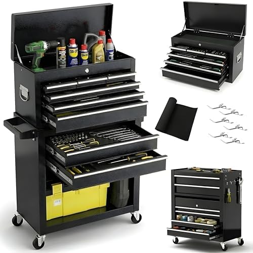 Dawmilon 8-Drawer Rolling Tool Chest with Multiple Drawers, Heavy Duty Metal Tool Cabinet for Garage and Workshop Storage, Lockable Top Chest, Black by Dawmilon