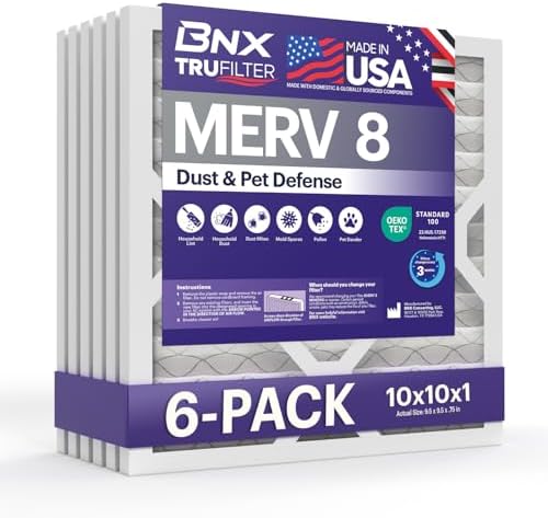 BNX TruFilter 10x10x1 Air Filter MERV 8 (6-Pack) - MADE IN USA – Dust & Pet Defense Electrostatic Pleated Air Conditioner HVAC AC Furnace Filters for Dust, Pet, Mold, Pollen MPR 600 – 700 & FPR 5 by BNX