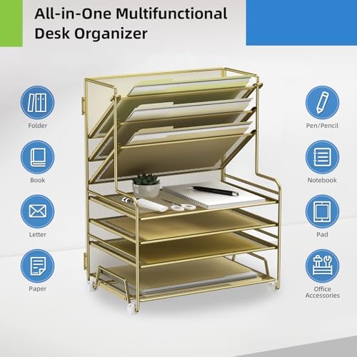 MINDEPOT 4-Tier Paper Organizer + 3-Pocket File Holder + Drawer + Pen Holders, Desktop File Organizers Paper Tray for Office Supplies School Classroom Organization (Gold, no Drawer & Pen Holder) - Image 3