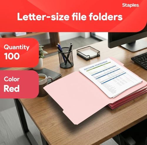 Staples File Folders, Letter Size, 1/3-Cut Tabs, Red, 100/Pack - Image 2