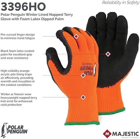 Majestic Polar Penguin Winter Lined Napped Terry Glove with Foam Latex Dipped Palm | 1 Dozen - MED | ANSI A2, Heavyweight Glove, Hiviz Orange/Black | for Automotive, Industrial, Manufacturing | 3396HO - Image 4