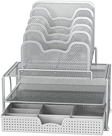Simple Houseware Mesh Desk Organizer with Sliding Drawer, Silver - Image 7