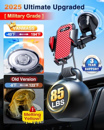 VANMASS Car Phone Holder Ultimate Military-Grade Strongest Suction & Clip Windshield Dash Best Strongest Cell Phone Automotive Dash Gauge Accents for iPhone 18 Pro Max 17 16 15 14 Red - Image 3