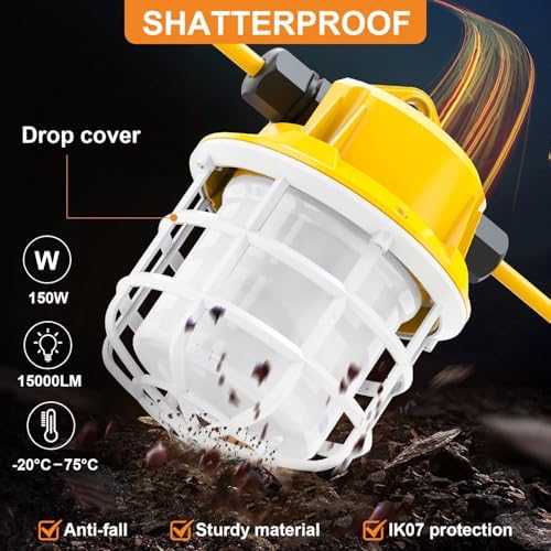 100ft LED Construction String Lights, 150W 15000LM Super Bright LED String Work Light, Construction Temporary Lights apply to Renovation, Courtyard, Jobsite, and All Outdoor Lighting (100ft-10lights) - Image 4