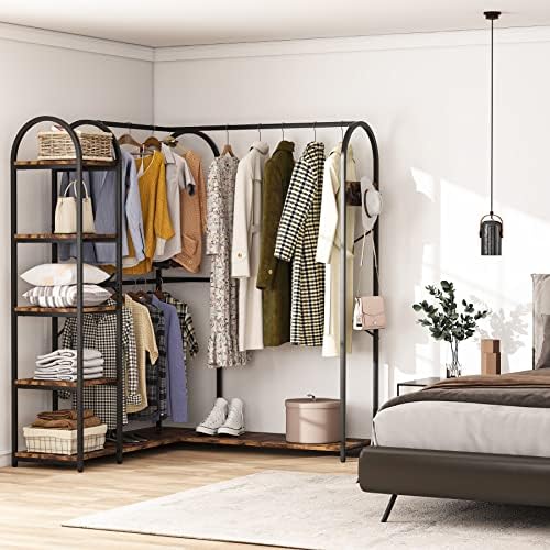 Tribesigns L-Shaped Garment Rack with Shelves, Heavy Duty Corner Clothes Rack with Coat Hooks, Anti-toppling Device, Cloth Hanger Standing Clothing Racks for Hanging Clothes, Rustic Brown - Image 4