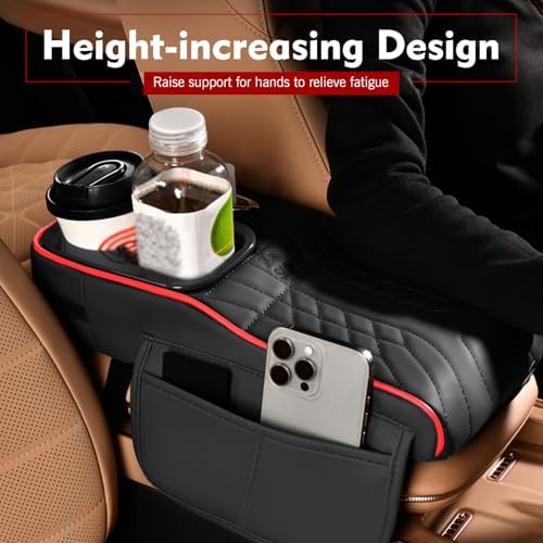 Car Center Console Cover, Waterproof Leather Multifunctional Armrest Booster Pillow with 2 Storage Bags Cup Holder, Tissue Box Slot, Universal for Most Cars with Pack of Tissues (Black & Red) - Image 7