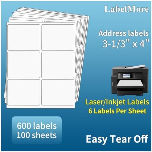 LabelMore 3 1/3 x 4 Labels - 6 Up Self Adhesive Shipping Labels - FBA Labels - 100 Sheet/ 600 Labels by LabelMore