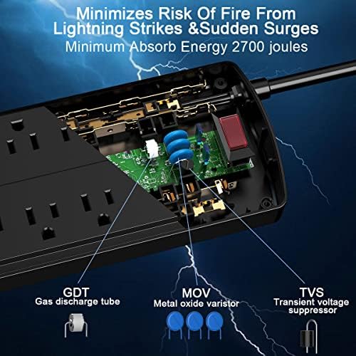 10 Feet Surge Protector Power Strip - Nuetsa Extension Cord with 8 Outlets and 4 USB Ports, Flat Plug, 2700 Joules, for Home, School, College Dorm Room, and Office, ETL Listed, Black - Image 5
