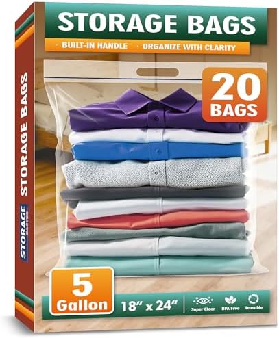 5 Gallon Extra Large Zipper Bag, 18” x 24” Clear Plastic Zip Bag with Handle for Storage, Moving Travel, 2mil Thick Resealable Lock, 20 pack by Storage+Master