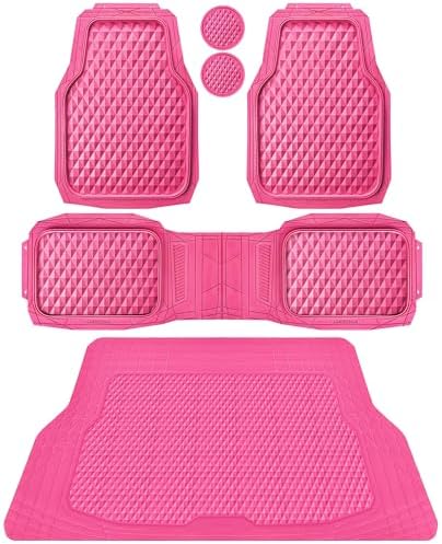 CAR PASS Heavy Duty Rubber Hot Pink Car Floor Mats & Cargo Liners, Deep Dish All-Weather Trunk Mats Durable Anti-Slip 3D Rhombus Waterproof Trim to Fit Liner Universal Fit Auto,Sedan,SUV,Truck, Pink by CARPASS
