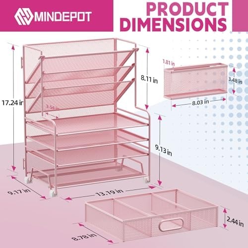 MINDEPOT 4-Tier Paper Organizer + 3-Pocket File Holder + Drawer + Pen Holders, Desktop File Organizers Paper Tray for Office Supplies School Classroom Organization (Pink, with Drawer & Pen Holder) - Image 2
