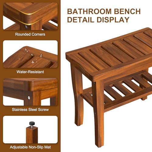 Teak Wood Shower Bench Stool with Storage Shelf, Wooden Waterproof Bathroom Spa Bathing Teak Shower Stool with Non-Slip Feet Gadget 2024 for Indoor or Outdoor Shower Chair Seat Organizer - Image 4