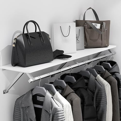 Wall Mounted Clothes Rack with Top Shelf, Heavy Duty Stainless Steel Industrial Clothing Rack ，Metal Shelf Multi-Purpose Hanging Rod，Space-Saving Closet Storage for Bedroom Laundry Room - Image 3