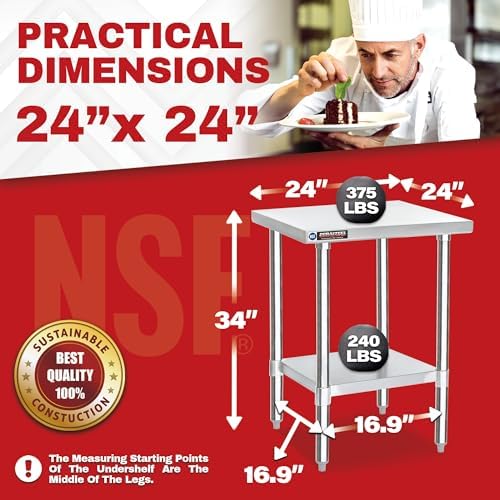 DuraSteel 24x24 Stainless Steel Prep Table - NSF Commercial Outdoor Grill Worktable - Metal Side Mixer Stand with Under Shelf - For Laundry Room, Kitchen, Small Spaces - Image 2