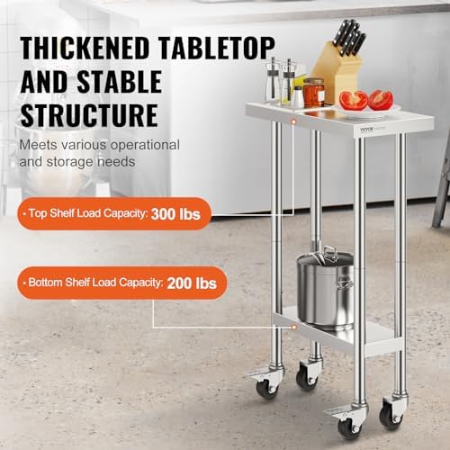VEVOR Stainless Steel Work Table 24 x 12 x 38 Inch, 500 LBS Load Capacity with 4 Wheels, 3 Adjustable Height Levels, Heavy Duty Food Prep Worktable for Commercial Kitchen Restaurant, Silver - Image 5
