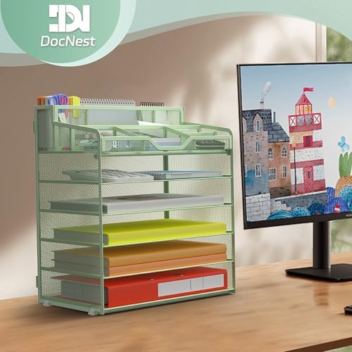 Docnest 6 Tier Mesh Desk Organizer with Letter Tray & Paper Sorter, Green - Image 6