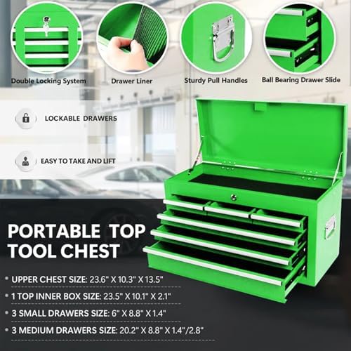 Dawmilon Tool Chest, 8-Drawer Rolling Tool Storage Cabinet with Wheels, Detachable Top Tool Box, and Locking Mechanism, Metal Barber Tool Cart with Liner and 6 Hooks for Garage, Workshop, Green - Image 4