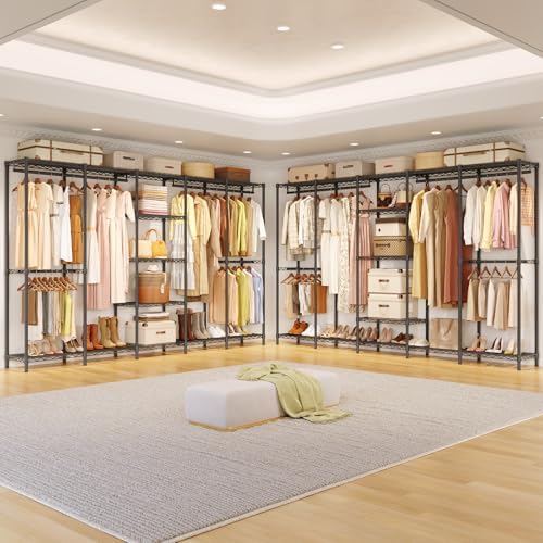 ONBRILL F5 Extra Large Industrial Pipe Clothing Rack, Freestanding Portable Closet Organizer System with Shelves & Hanging Rods, 86.6'' Wide Heavt Duty Clothes Rack, Max Load 1300lbs, Black - Image 3