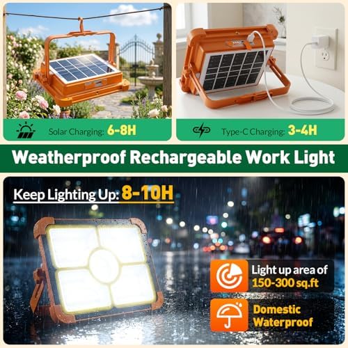 2-Pack Solar Rechargeable Work Light, 12000LM Portable Work Light with 12000mAh Battery, LED Flood Lights with 5 Modes, Outdoor Waterproof Job Site Lighting for Camping Repair Emergency Fishing - Image 5