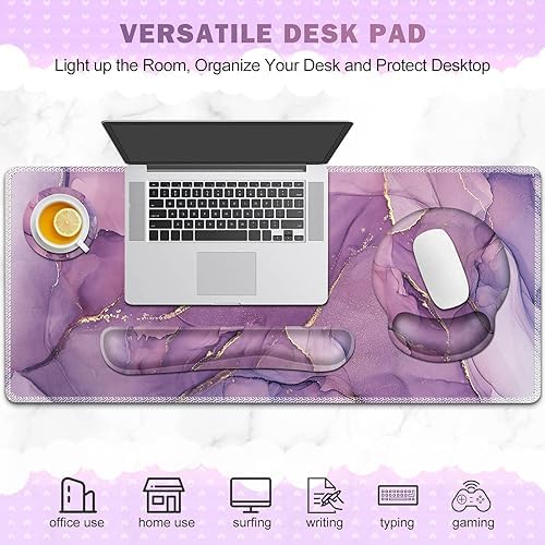 ToLuLu Desk Mat, XXL Large Mouse Pad Wrist Support Set，4 in1 Gaming Mousepad Desk Pad+ Ergonomic Mouse Pad with Wrist Rest + Keyboard Wrist Rest+Coaster for Women Home Office Computer, Purple Marble - Image 6