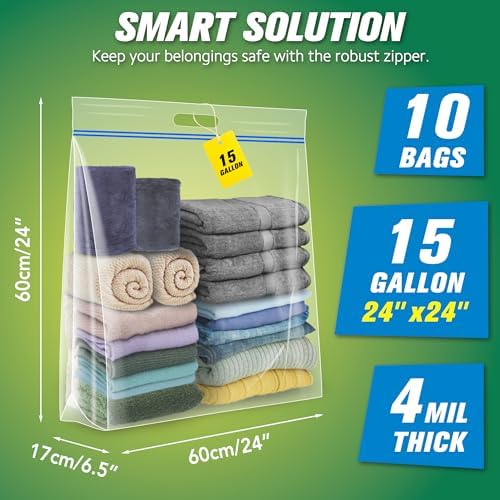 HIBAG 15 Gallon Large Storage Bags, 24” x 24” Resealable Clear Bags with Handle, Extra Large XL Heavy Duty for Clothes Pillow Travel Moving, Pack of 10 - Image 2