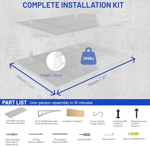 ZONEGRACE 4-Pack 1.5x4ft Garage Storage Wall Shelves, 1000 Lbs Heavy Duty Wall Mounted Shelves, Flat Rack Garage Floating Shelves With Complete Install Kit, White - Image 2