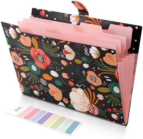 SKYDUE Expanding File Folder with 5 Pockets, Floral Accordion File Organizer for Important Document, Portable Receipt Paper Organizer, School Office Supplies Black by SKYDUE