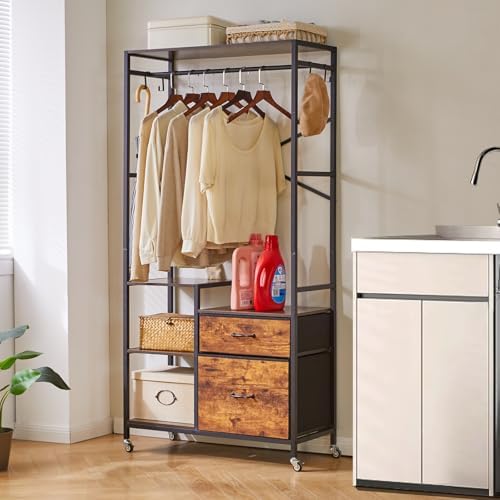 Aibiju Clothes Rack, Heavy Duty Garment Rack for Hanging Clothes, Industrial Clothing Racks with Shelves, 2 Fabric Drawers, 4 Hooks, 1 Hanging Rods Rustic Brown YD-TM080H - Image 6