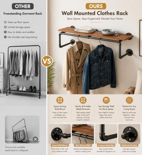 58 Inch Industrial Pipe Wall Clothing Rack with Shelves, Solid Wood, Black - Image 4