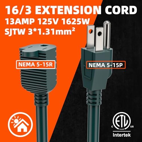 100 FT Green Extension Cord, Outdoor Extension Cord Waterproof, 16 Gauge 13Amps 125V, SJTW, ETL Listed, Indoor/Outdoor Use - Image 4