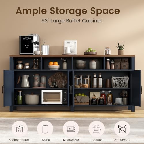 knoworld Buffet Sideboard with Storage Farmhouse, Large Kitchen Storage Cabinet Wood Coffee Bar Cabinet Buffet for Kitchen, Living Room, 63in, Blue - Image 3