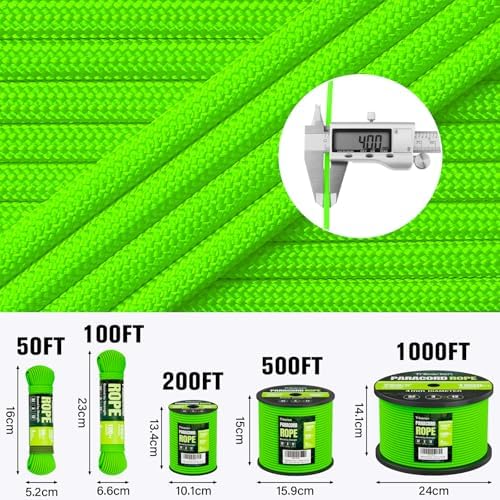 Paracord Rope 750 lb - 100ft 5/32" Parachute Cord 4MM 12-Strand para Cord - Heavy Duty Spool String for Survival,Camping Gear, Survival Bracelet, Clothesline - Neon Green - Image 2