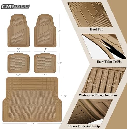 CAR PASS Heavy Duty Rubber Floor Mats Gray Car Mats Full Set with Trunk Cargo Liner - Universal Waterproof Floor Mats for Car SUV Truck, Durable All Weather Automotive Liner Mats (All Beige) - Image 2