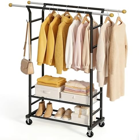 Clothes Rack with 3-Level Height Adjustment - Double Rod Extendable Hanging Rails with Wooden Finials, Luxury 2-Tier Metal Storage Shelves - Sturdy Wardrobe Rack for Closet, Bedroom or Laundry by HRUSGO